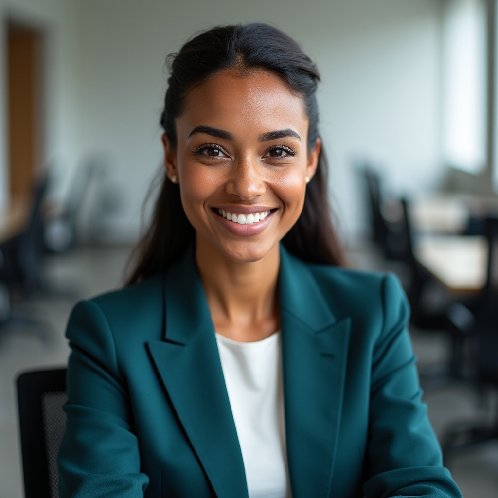 Female relocation consultant with a warm, approachable expression in a modern office
