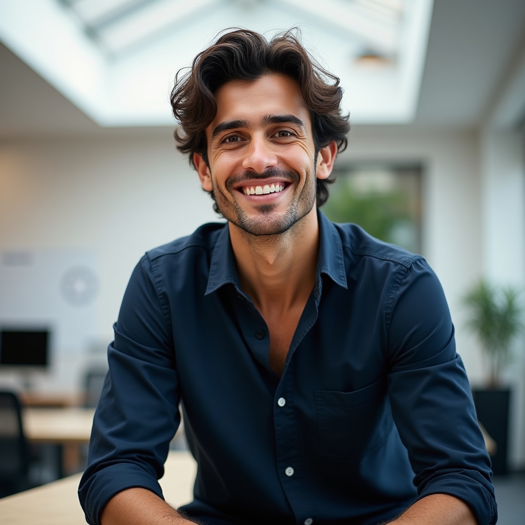 Male consultant smiling in a collaborative workspace setting, approachable and professional